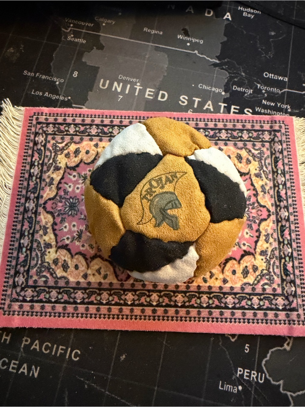 Vintage Patchwork Plush Ball with Trojan Helmet Logo - Mustard, Black & White